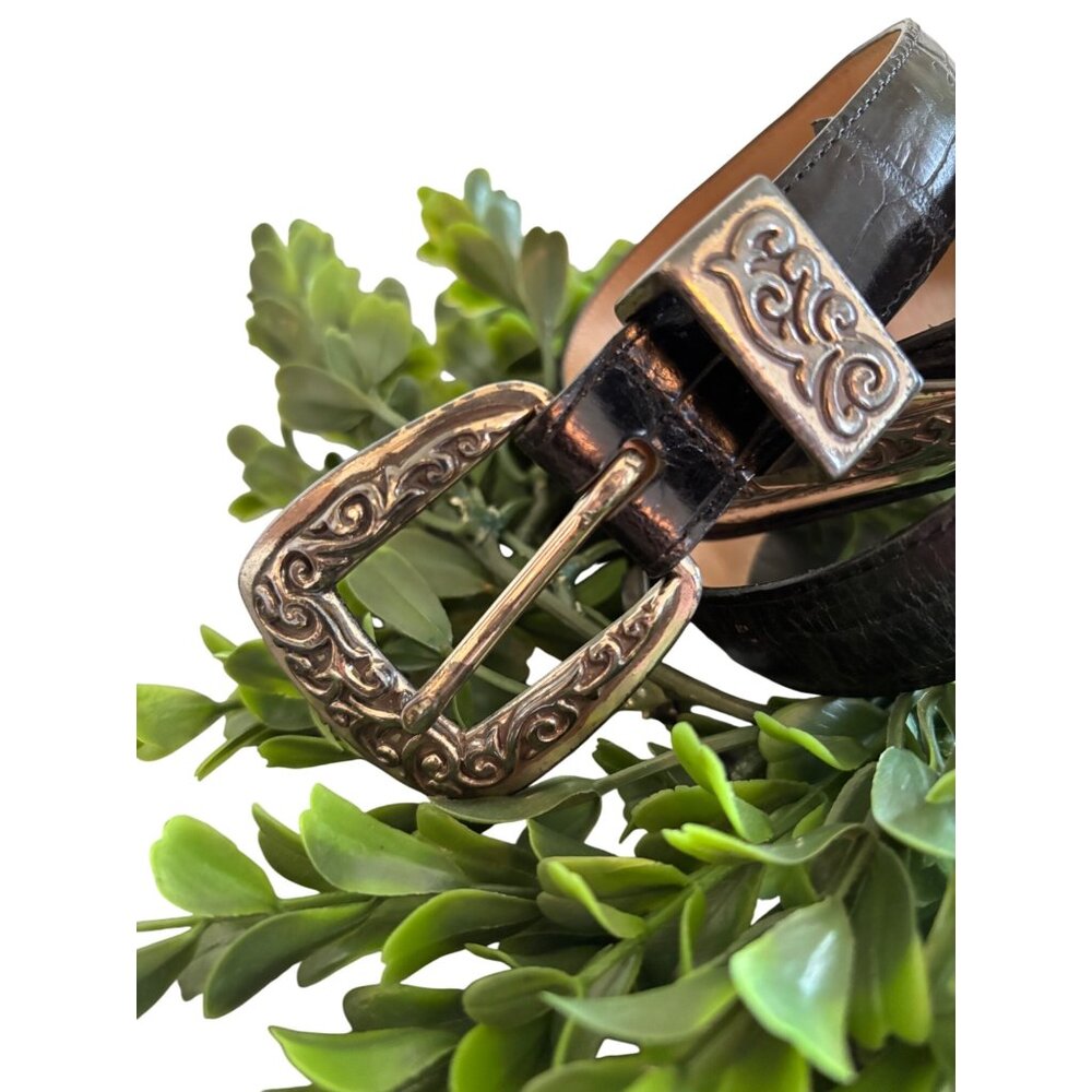 Brighton Embossed Black Leather Belt With Silver-Toned Scroll Buckle Women
